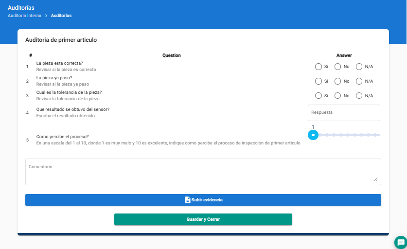 Screenshot del módulo Inspección