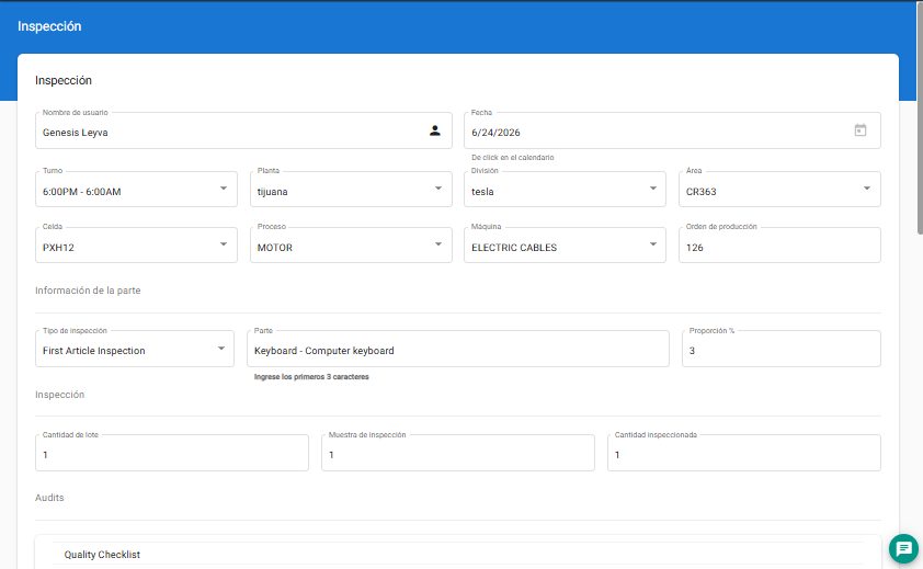 Screenshot del módulo Inspección